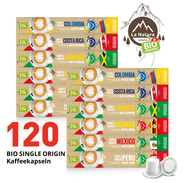 BIO Single Origin Kaffee BOX - 120 Kaffeekapseln